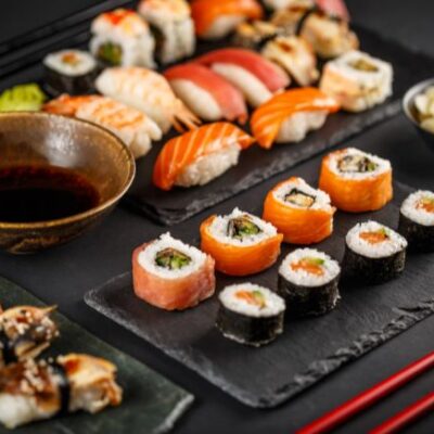 Korean and japanese buffet dinner, serving maki rolls and sushi