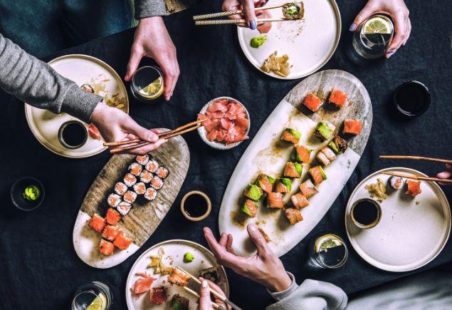 Korean and japanese buffet dinner, serving maki rolls and sushi
