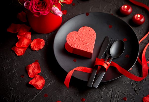 Valentine's Day Set Menu with heart dessert and cutlery, rose petals, ribbons and more