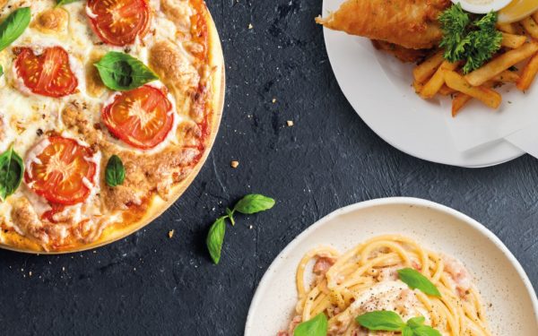 Magarita pizza and carbonara pizza, Italian cuisine specials at Tosca
