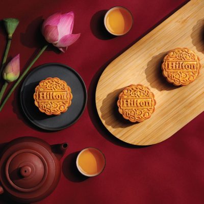 Hilton 2023 Mooncakes, Baked mooncake arranged on a wooden tray