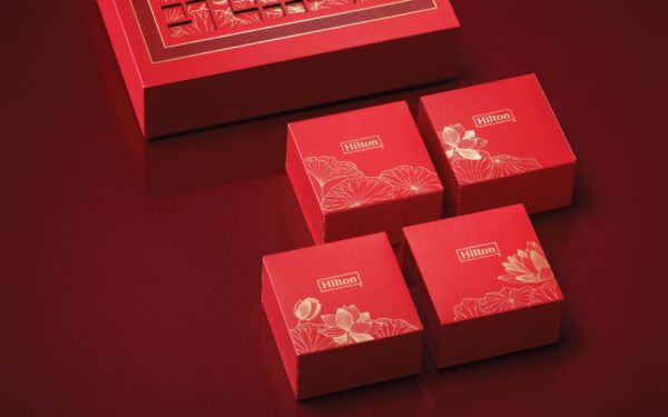 Hilton DoubleTree 2023 national mooncake box, image features a crimson red oriental box