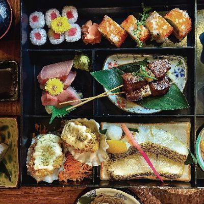 japanese bento set with sushi, sashimi, cod fish, wagyu skewers