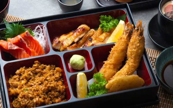 bento set with prawn tempura/ ebi tempura, salmon sashimi, chicken terriyaki, rice