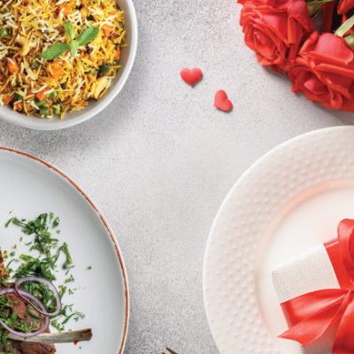 valentine's day dinner set menu with roses, grilled lamb rack, briyani rice and more