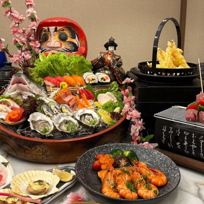 Hilton PJ Genji Japanese buffet mother's day father's day specials with maki rolls, fresh oyster, fresh sashimi, fresh salmon head, yakiniku meat, scallop, grilled prawns, tempura prawn