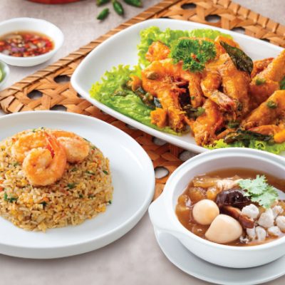 Deep-fried buttered prawn, chinese fried rice, logan soup