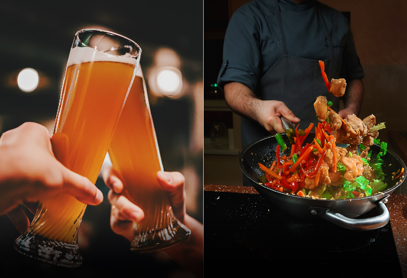 There is two different images fit into one photo. On the left, it's a close-up shot of two glasses of beer clinking together. On the right, it's a bottom half shot of a chef cooking a dish.