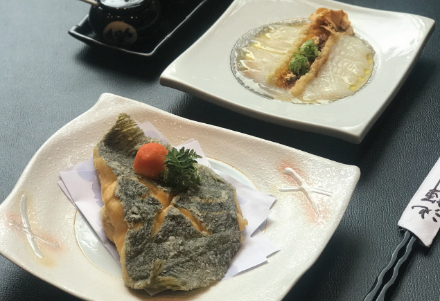 The photo shows two dishes. The dish from the bottom is the Salt Grilled Flounder and the top dish is the Simmered Flounder with Blended Soy Sauce.