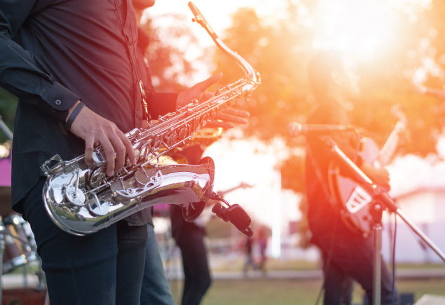 The photo shows a musician band playing at a park.