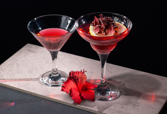2 glasses of hibiscus martini.