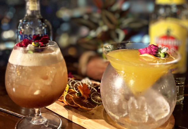 Two glasses of cocktail are placed on the bar table. On the left, it's a glass of Sunshine In The Rain and on the right it's a glass of Dark and Rainy. At the back, there are dried limes, lemons and oranges and a bottle of vodka. The background is blurred.