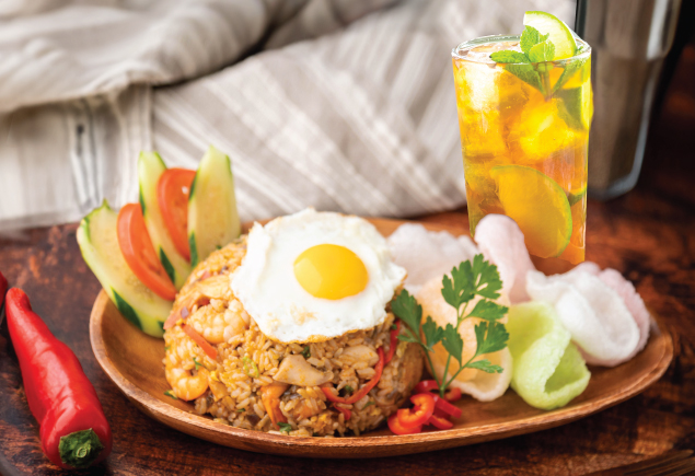 fried rice with egg and drink
