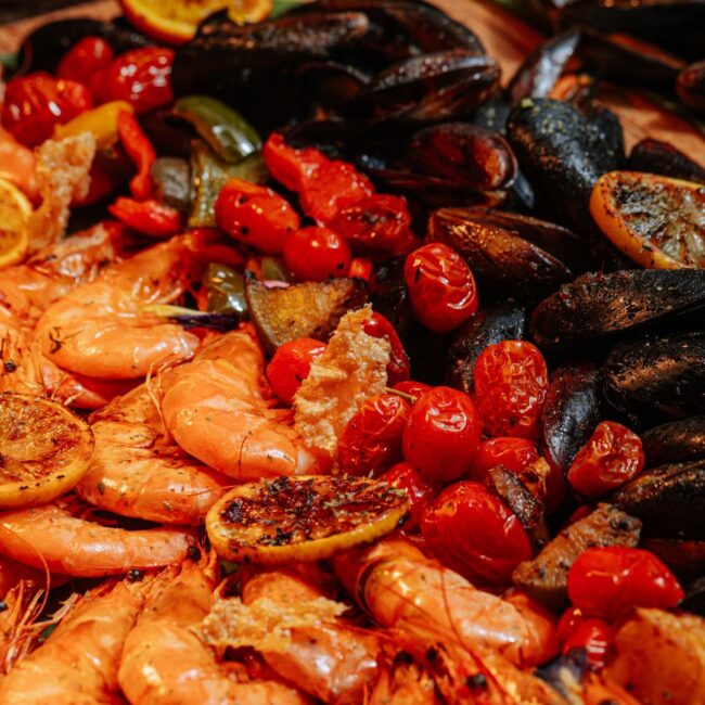 Variety of Mixed Seafood Grill.