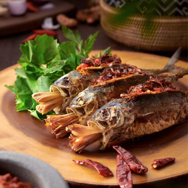 Three spicy fried fishes with sambal.
