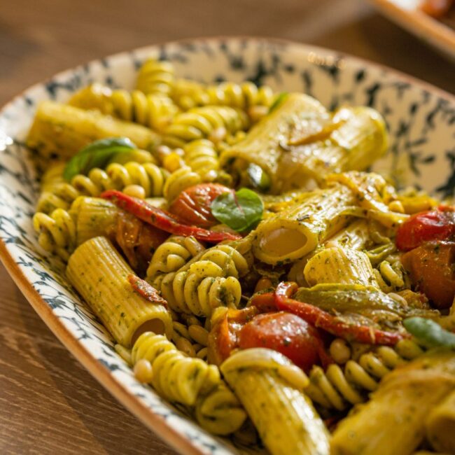 A plate of mixed pasta salad ala tosca.