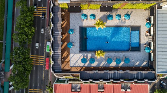 Top view of Hilton Kota Kinabalu's rooftop pool