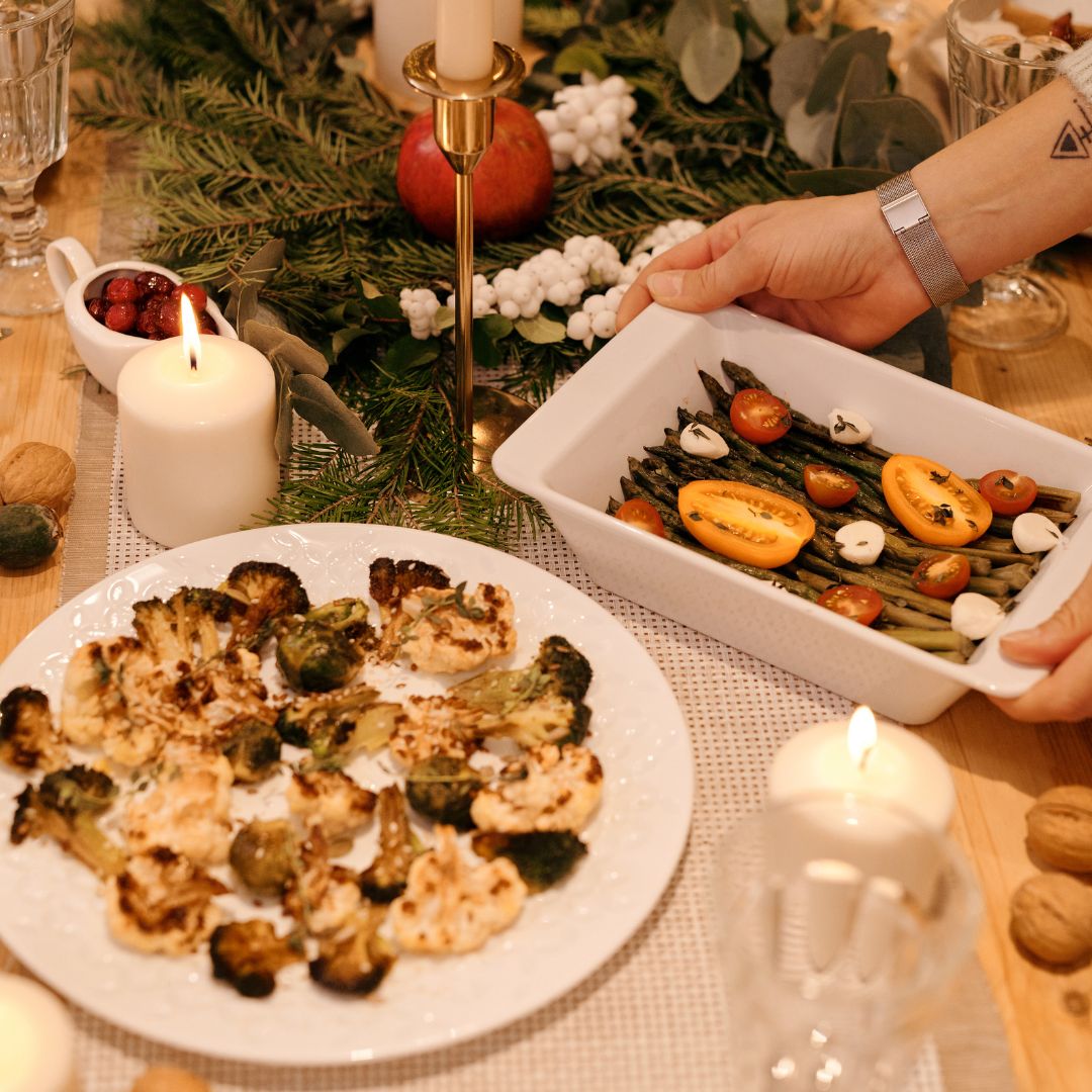 The photo shows two different type of dishes. The table was set up with a Christmas theme.