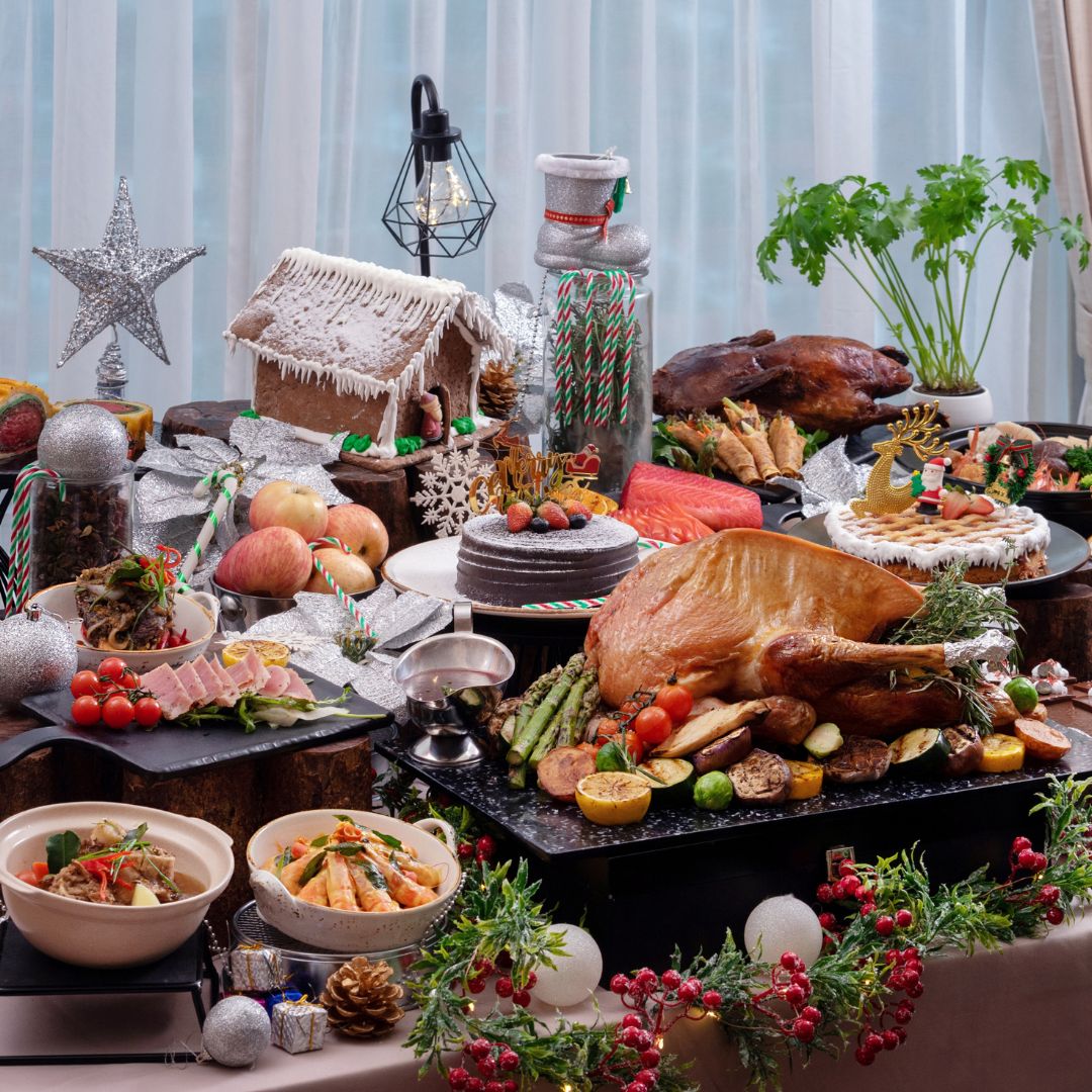 A spread of Christmas themed buffet.