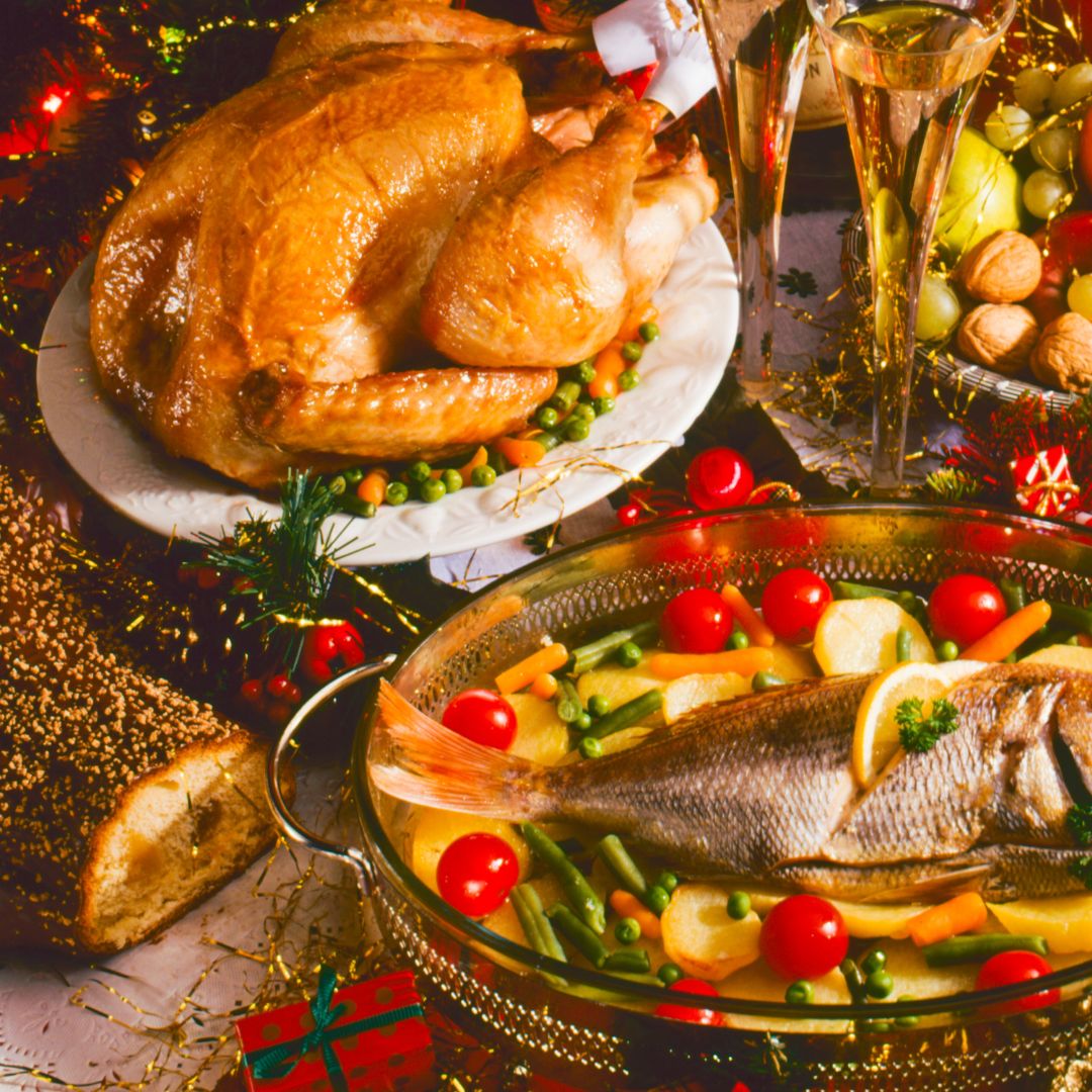 The photo shows a whole turkey and fish.